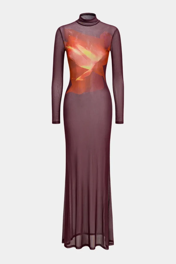 Abstract Floral Print Mesh Sheer Long Sleeve Maxi Dress>MICAS Sale