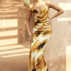 Abstract Print Cowl Neck Backless Slit Slip Maxi Dress>MICAS New