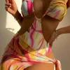 Abstract Print Halter Tummy Control One-piece Swimsuit And Knot Mini Sarong Skirt Set>MICAS Clearance