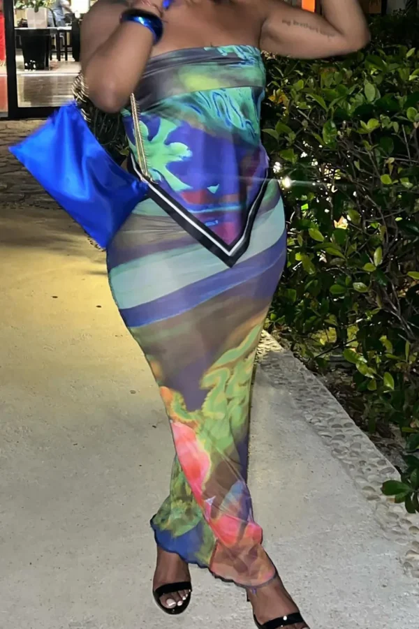 Abstract Print Knot Strapless Top And Cut Out Midi Skirt Set>MICAS Hot