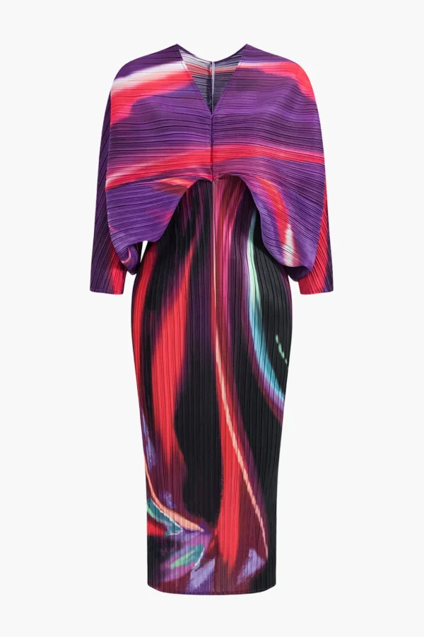 Abstract Print Pleated V-Neck Batwing Sleeve Maxi Dress>MICAS Clearance