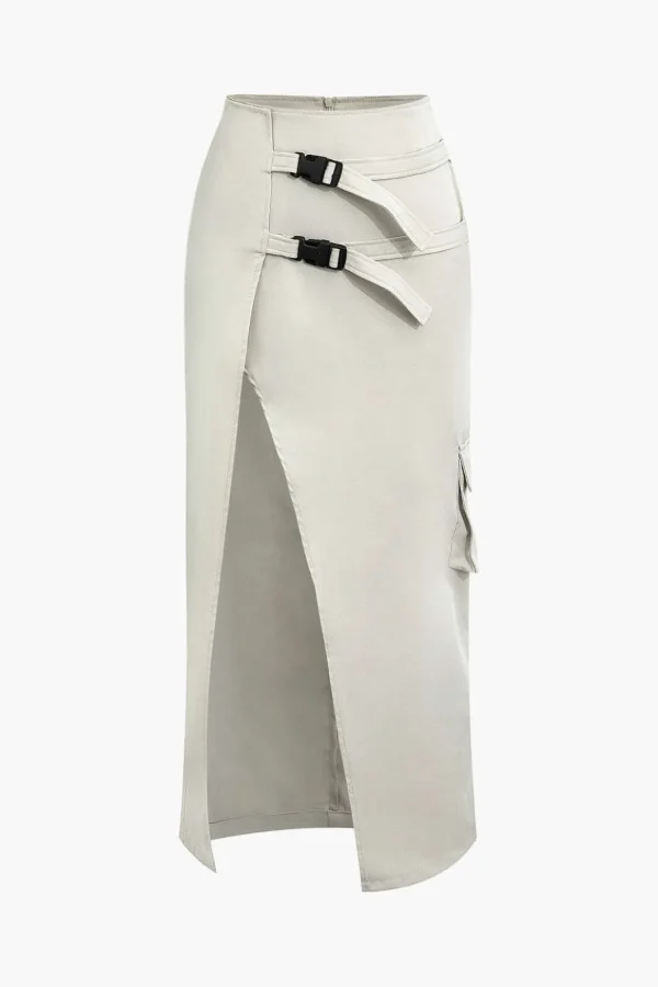 Asymmetric Belted Flap Pocket Split Maxi Skirt>MICAS Hot