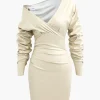 Asymmetric Faux Leather V-neck Gathered Mini Dress>MICAS Clearance