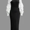 Asymmetric Lantern Sleeve Slit Midi Dress>MICAS Hot