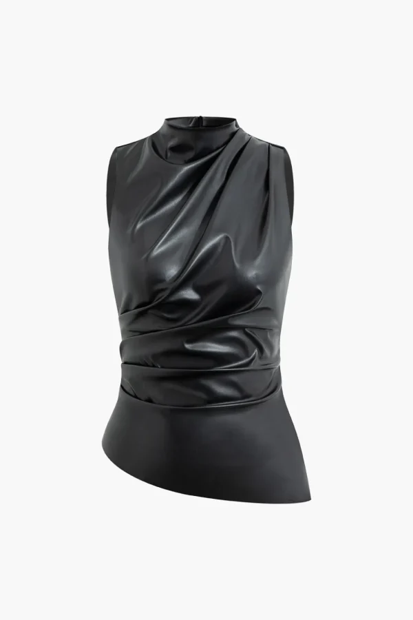 Asymmetrical Hem Faux Leather Mock Neck Ruched Sleeveless Top>MICAS Clearance