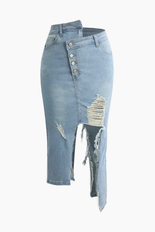 Asymmetrical Ripped Denim Midi Skirt>MICAS Discount