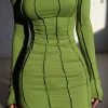 Asymmetrical Round Neck Seam Detail Long Sleeve Mini Dress>MICAS Fashion