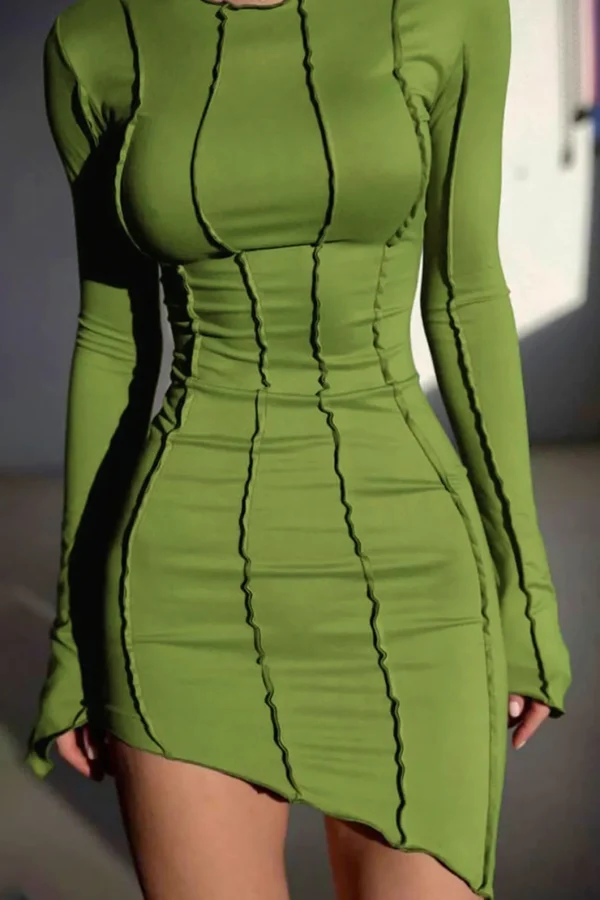 Asymmetrical Round Neck Seam Detail Long Sleeve Mini Dress>MICAS Fashion