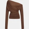 Asymmetry Shoulder Ruched Long-Sleeve Top>MICAS Online