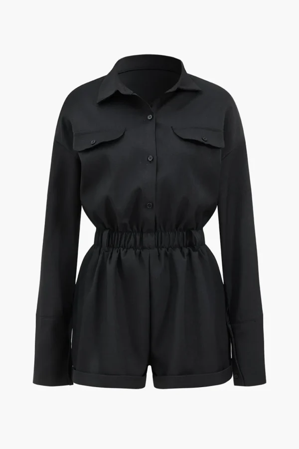 Basic Button-Front Pocket Long Sleeve Romper>MICAS Online