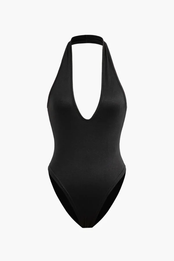 Basic Halter Neck Deep V Neck Sleeveless Bodysuit>MICAS Clearance
