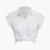 Basic Rolled Cuff Knotted Hem Shirt>MICAS Fashion