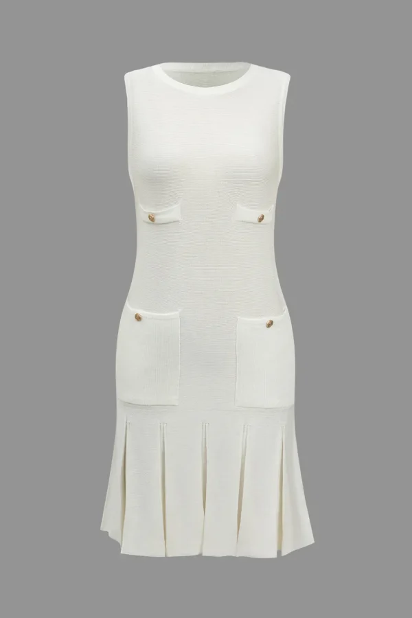 Basic Solid Knit Button Decoration Pleated Dress>MICAS New