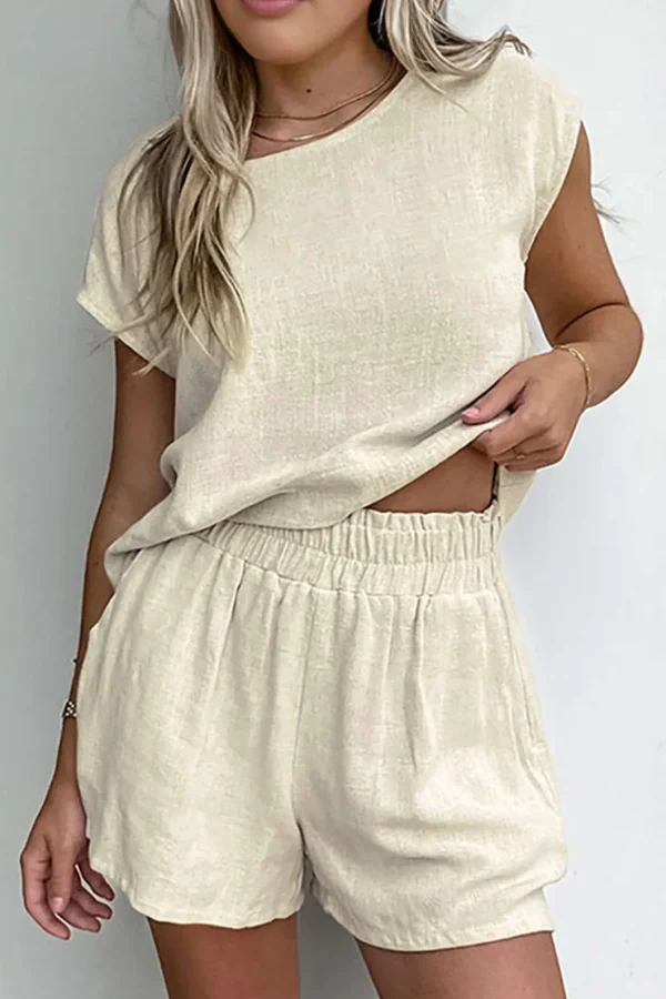 Basic Solid Linen Casual Shorts Set>MICAS Clearance