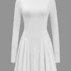 Basic Solid Ruffled Hem Long-Sleeve Mini Dress>MICAS New