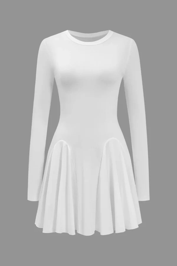 Basic Solid Ruffled Hem Long-Sleeve Mini Dress>MICAS New