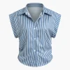 Basic Stripe Print Cap Sleeve Button Shirt>MICAS Hot