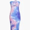 Blue Tie Dye Halter Neck Midi Dress>MICAS Hot