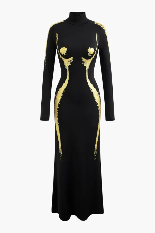 Body Print Turtle Neck Long Sleeve Maxi Dress>MICAS Clearance