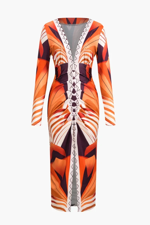 Bohemian Print V-Neck Long Sleeve Maxi Dress>MICAS New