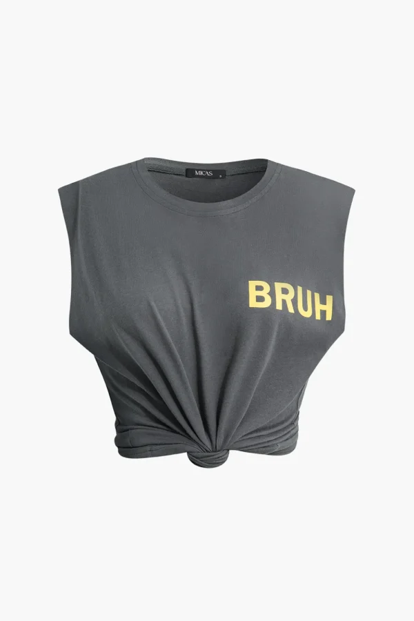 Bruh Print Sleeveless T-shirt>MICAS Outlet