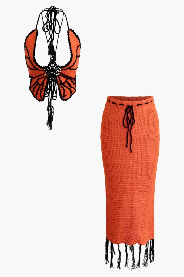 Butterfly Tie Halter Tank Top And Tassel Midi Skirt Set>MICAS Outlet