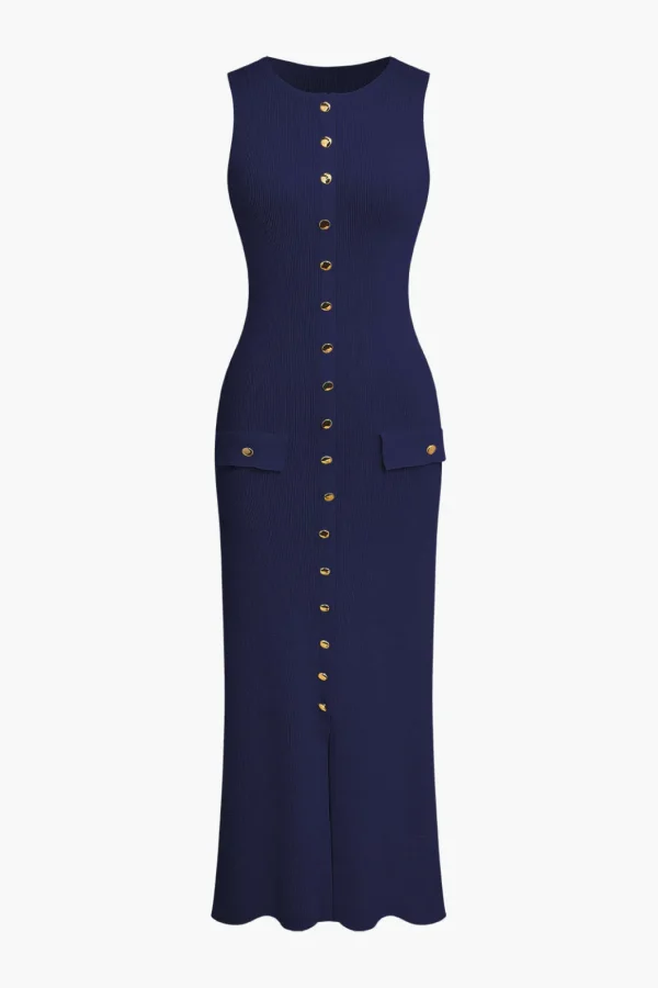 Button Front Sleeveless Ribbed Knit Maxi Dress>MICAS Outlet