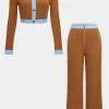 Button Patchwork Long Sleeve Top And Zipper Trousers Set>MICAS Clearance