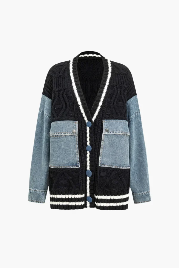 Button Patchwork Pocket Sweater Cardigan>MICAS Fashion