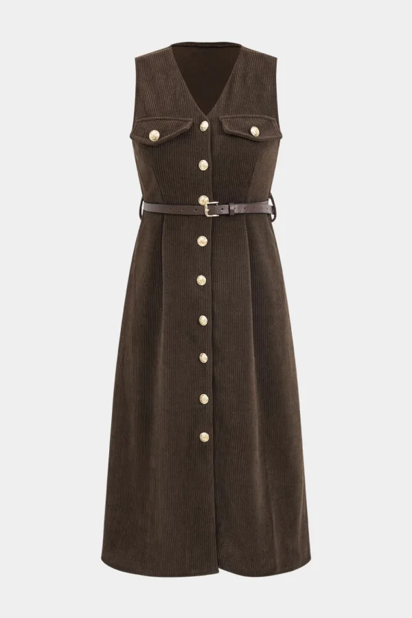 Button V-Neck Belted Long Sleeve Corduroy Maxi Dress>MICAS Outlet
