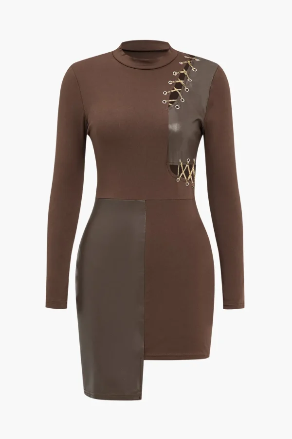 Chain Patchwork Long Sleeve Mini Dress>MICAS Fashion