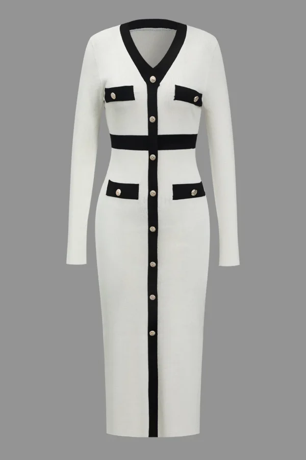 Color Block Knit Button Long-Sleeve Dress>MICAS Clearance