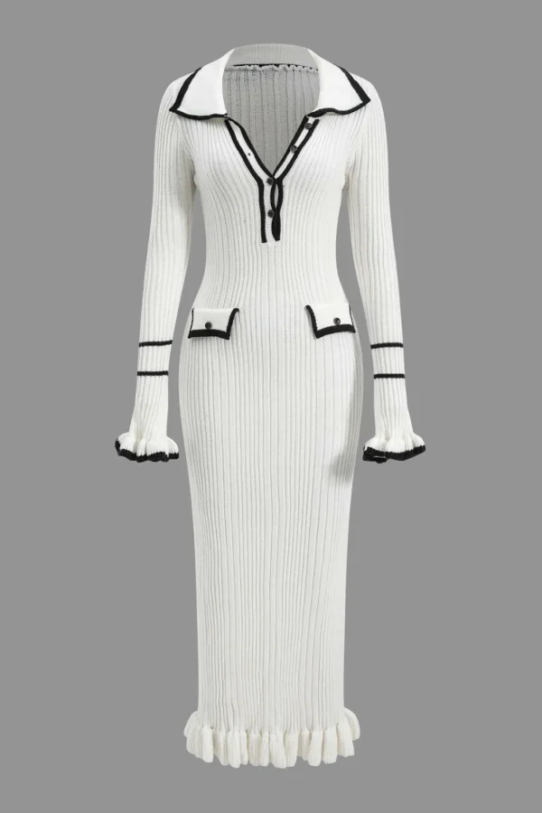 Contrast Bell Sleeve Knit Midi Dress>MICAS Hot
