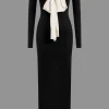 Contrast Bow Long Sleeve Midi Dress>MICAS Best