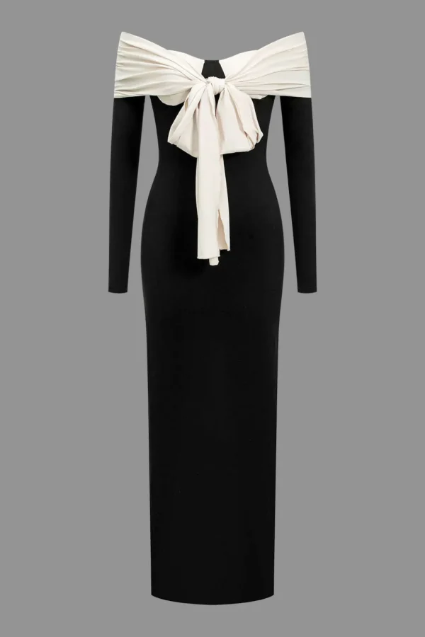 Contrast Bow Long Sleeve Midi Dress>MICAS Best