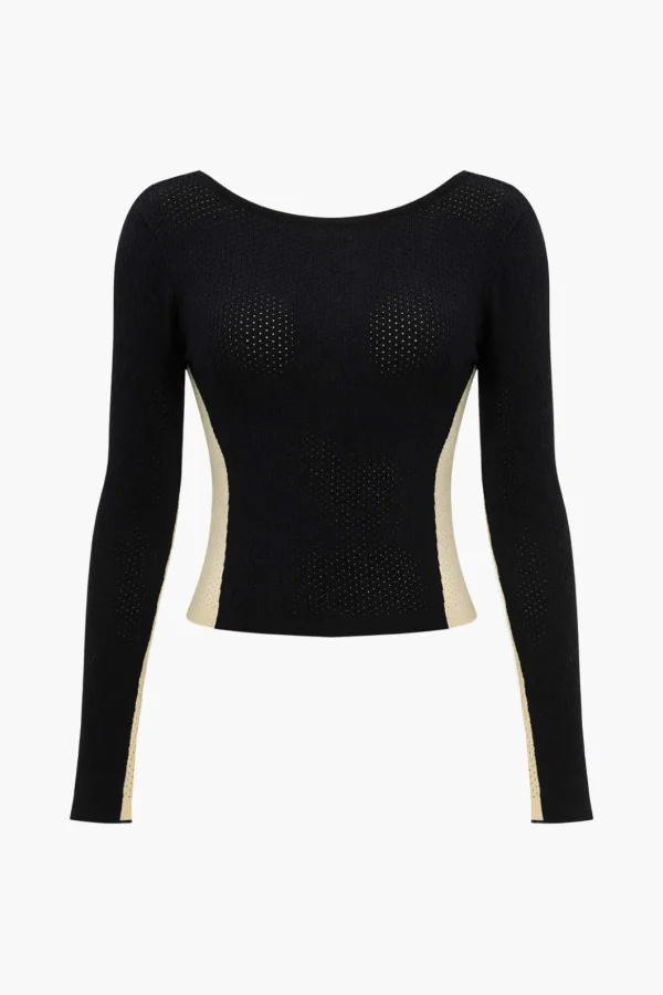 Contrast Knit Backless Patchwork Long-Sleeve Top>MICAS Clearance