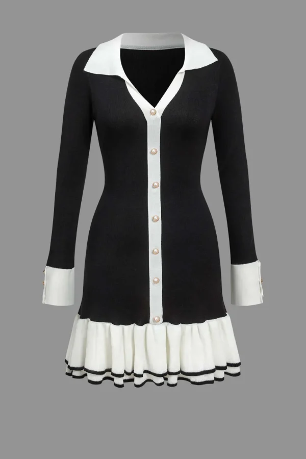 Contrast Knit Bowknot Back Pleated Mini Dress>MICAS Clearance