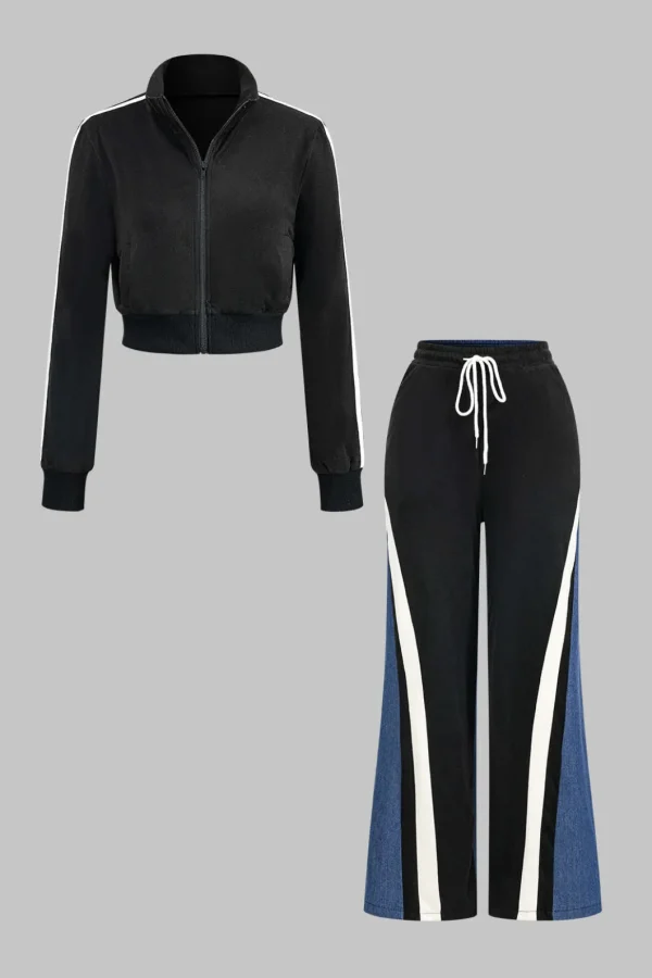 Contrast Stand Collar Zipper Jacket And Patchwork Denim Pants>MICAS Clearance