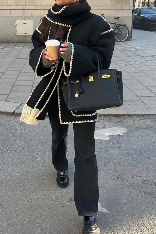 Contrast Trim Wool-blend Coat With Tassel Scarf>MICAS Sale