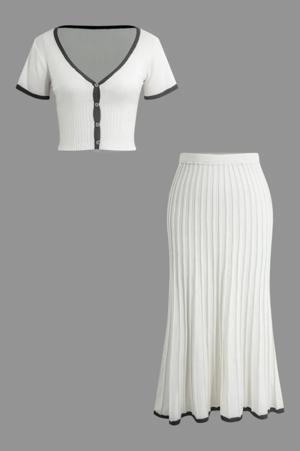Contrast V-neck Knit Top And Pleated Midi Skirt Set>MICAS Discount