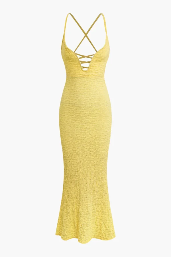 Crisscross Back Textured V-neck Maxi Dress>MICAS New