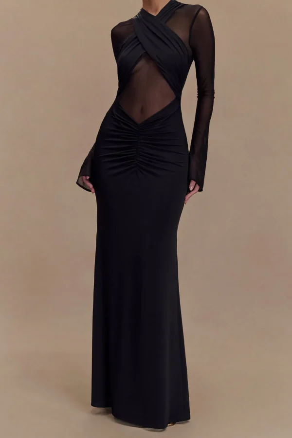 Crossed Mesh Sheer V-Neck Long Sleeve Maxi Dress>MICAS Sale