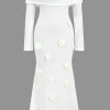3D Floral Knit Off Shoulder Long Sleeve Dress>MICAS Hot