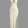 3D Floral V-Neck Backless Slit Maxi Dress>MICAS New