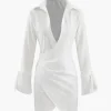 Deep V-neck Wrap Mini Shirt Dress>MICAS Online