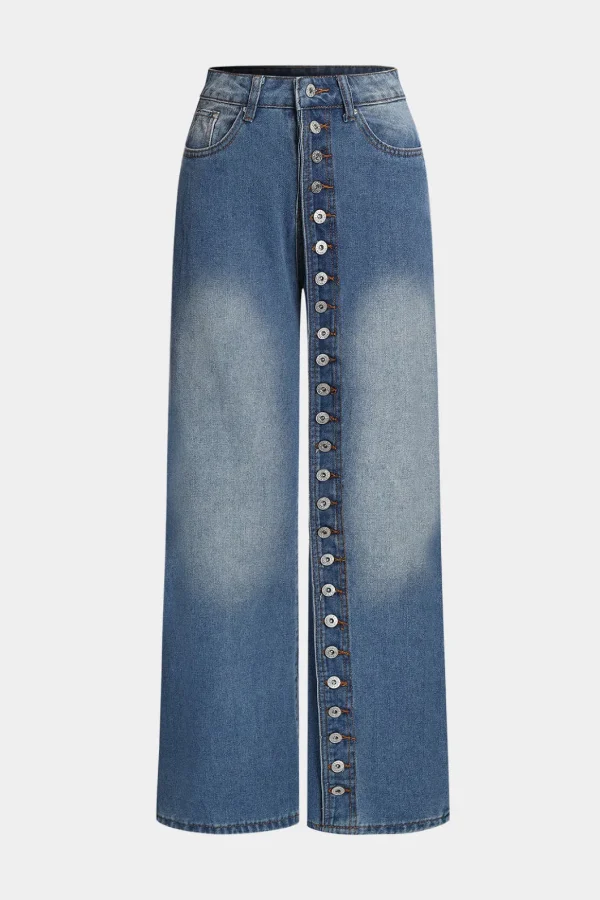 Denim Button High Waist Straight Leg Jeans>MICAS Hot