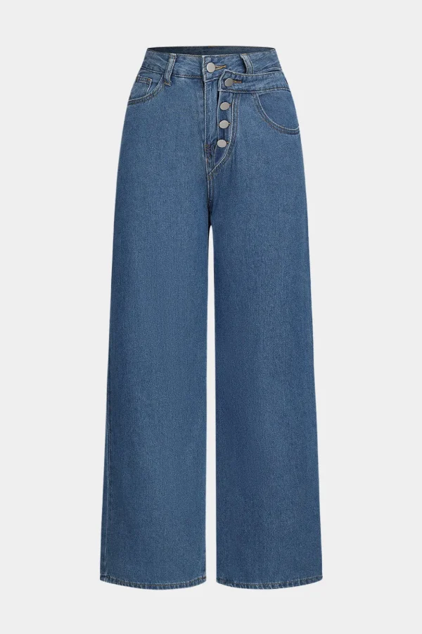 Denim Button Pocket High Waist Straight Leg Jeans>MICAS Discount