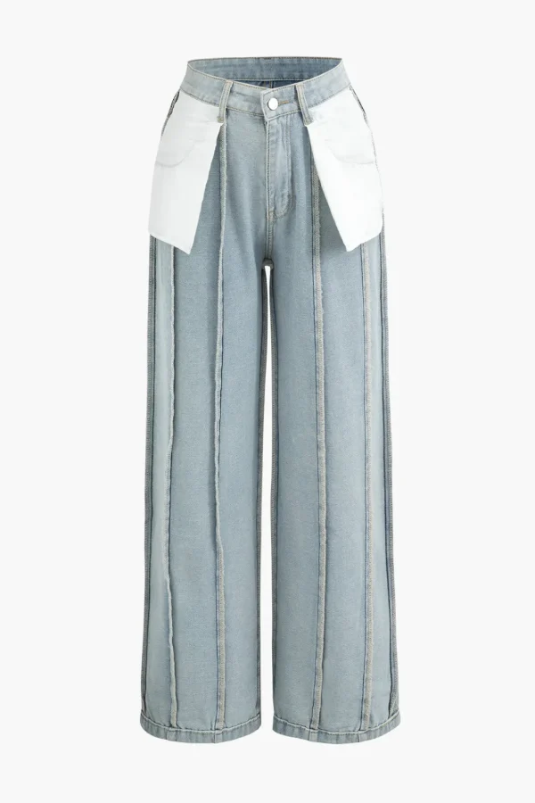 Denim Frayed Detail Straight Leg Jeans>MICAS Fashion