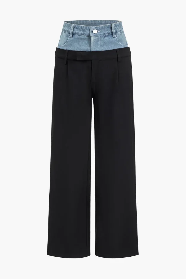 Denim Patchwork Straight Trousers>MICAS New