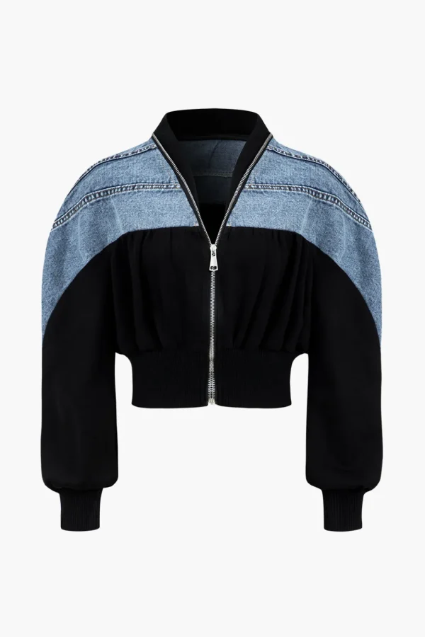 Denim Patchwork Zipper Jacket>MICAS Outlet